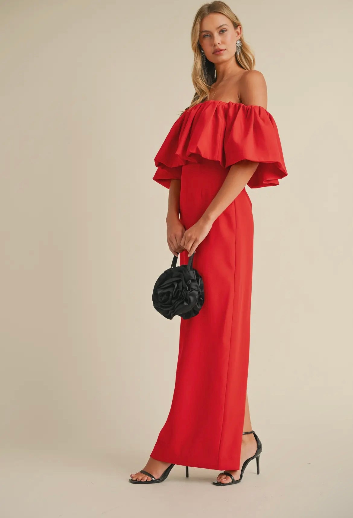 Off-Shoulder Crepe Maxi in Hibiscus