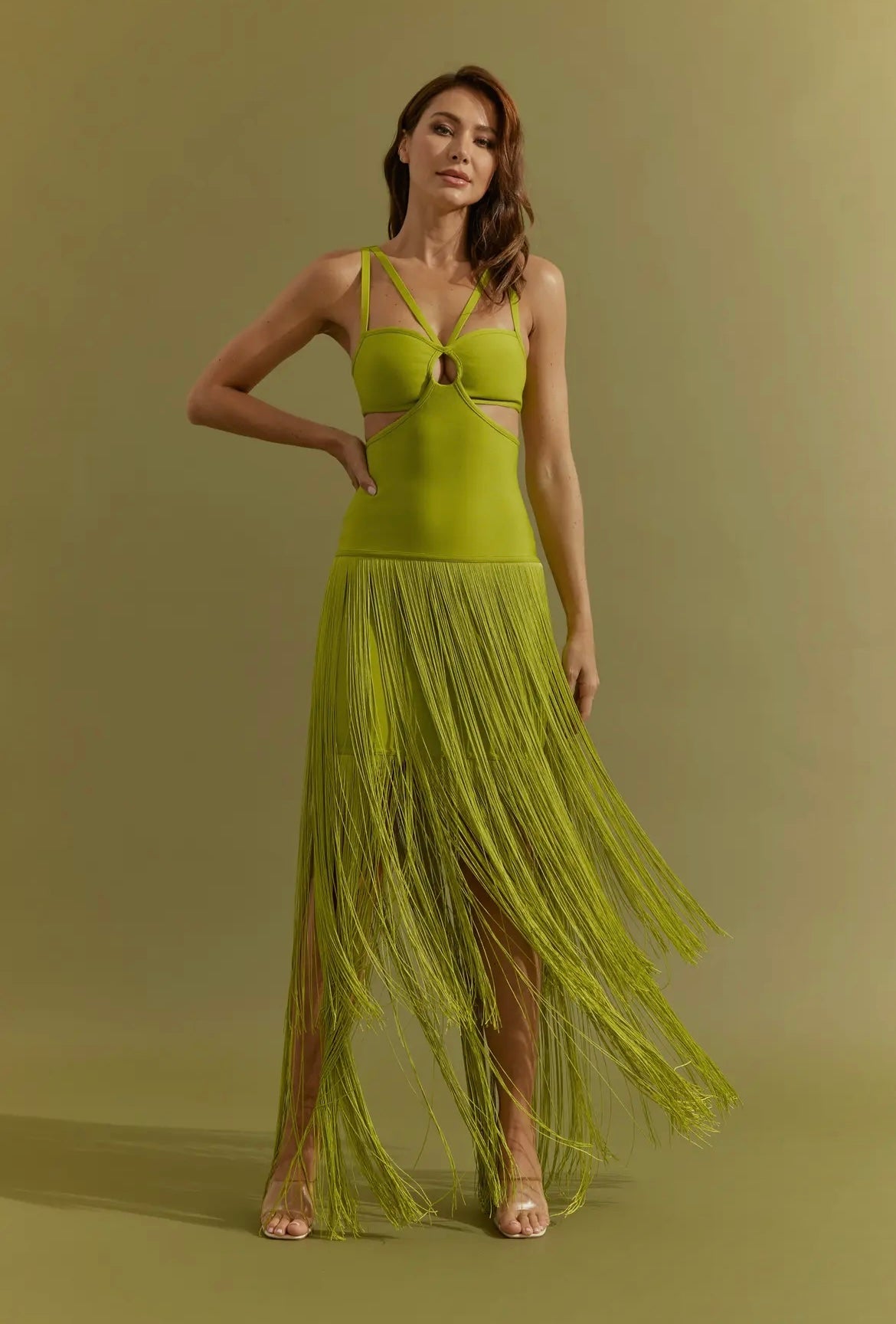 Fringe Cutout Midi Dress in Lime Green
