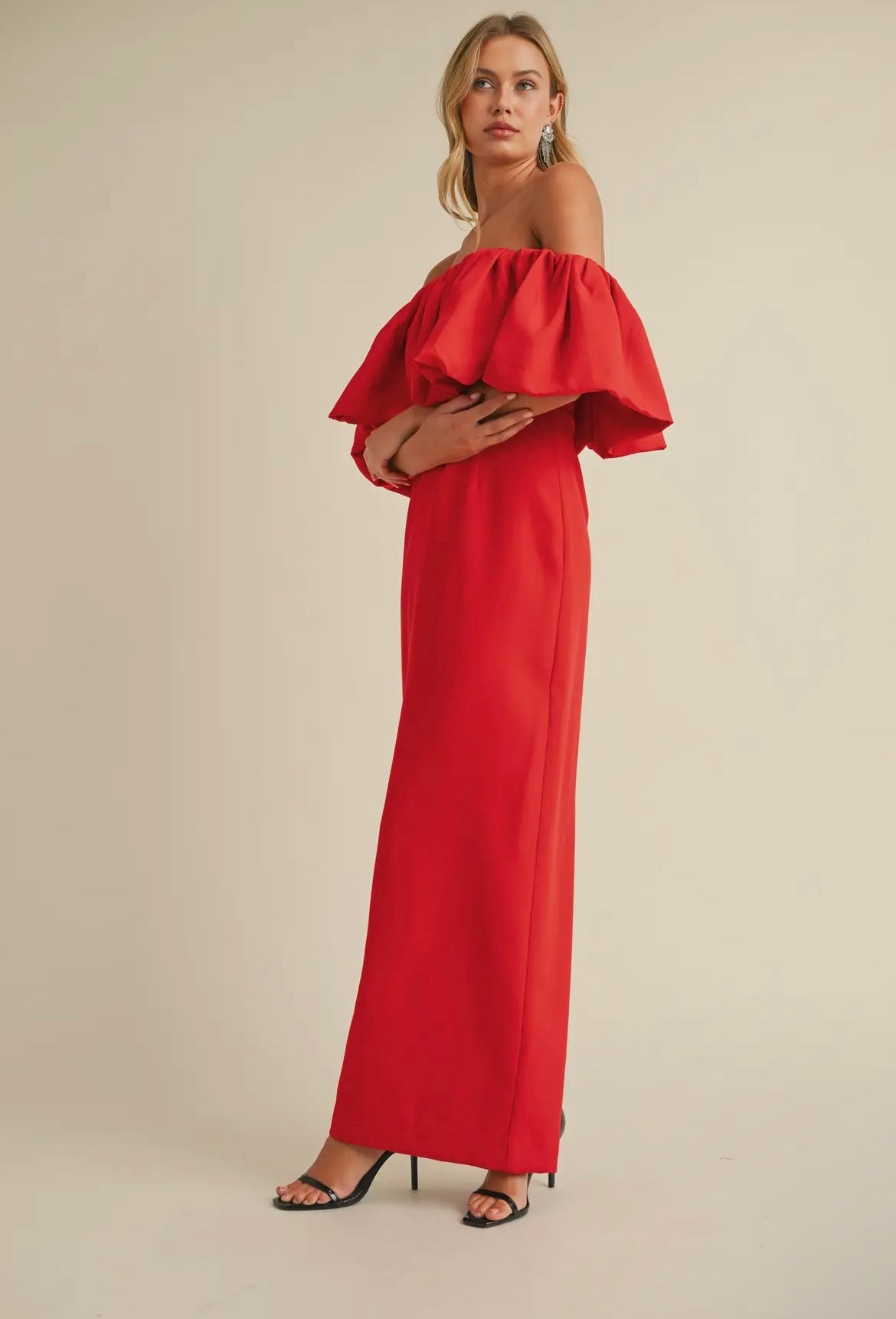 Off-Shoulder Crepe Maxi in Hibiscus
