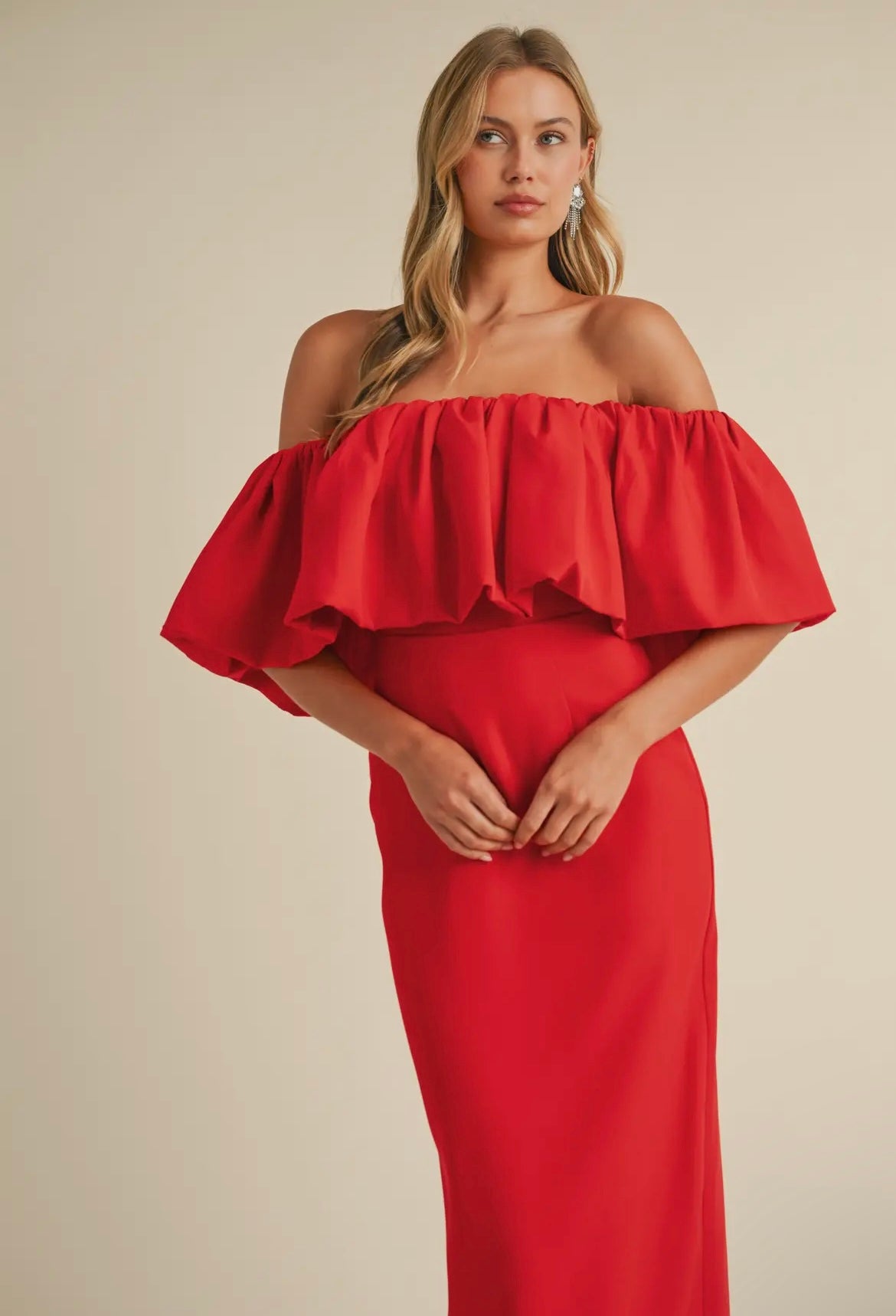 Off-Shoulder Crepe Maxi in Hibiscus
