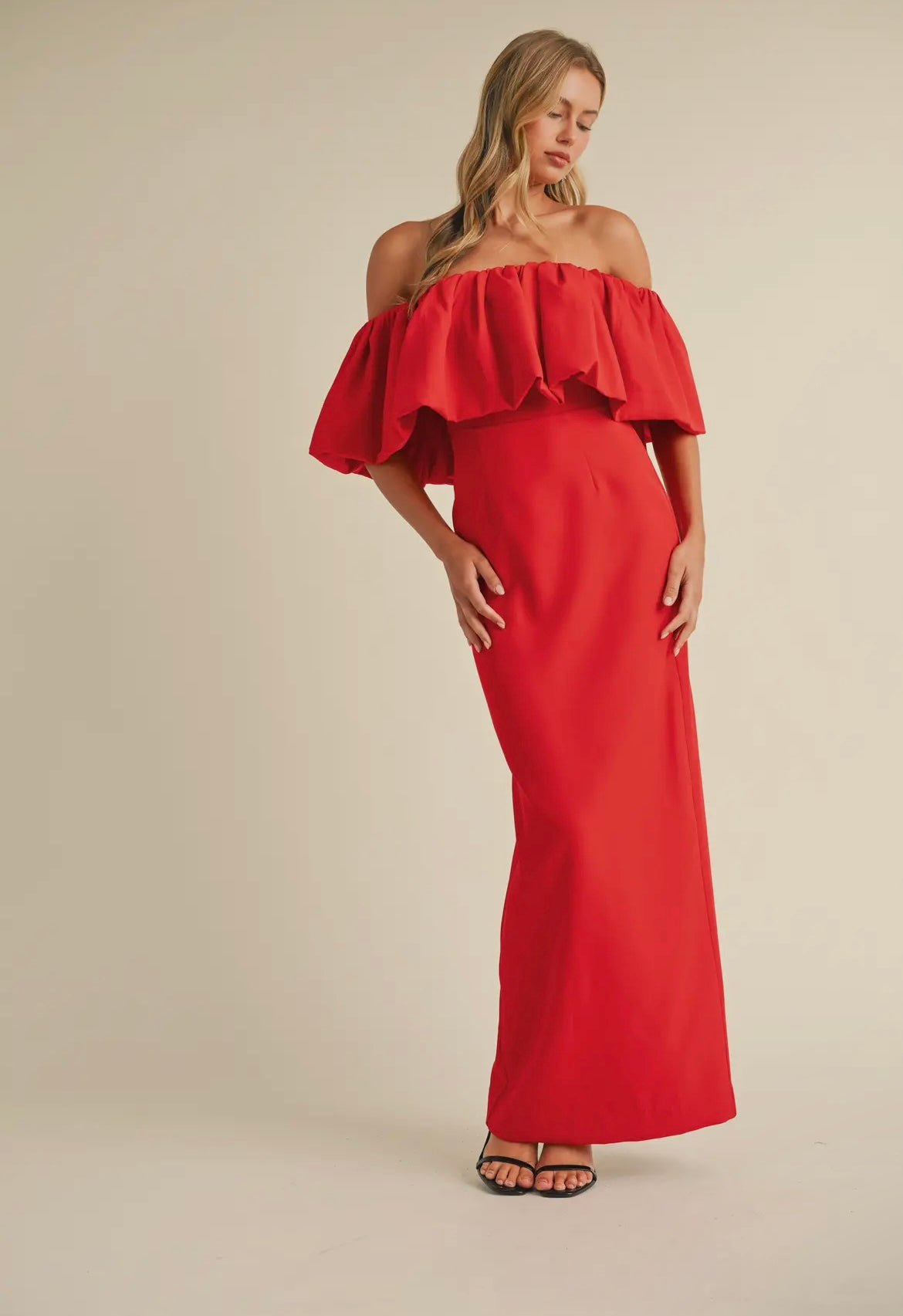 Off-Shoulder Crepe Maxi in Hibiscus