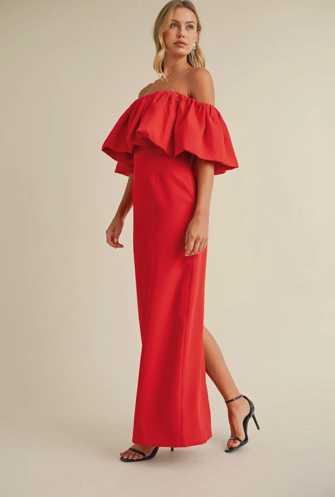 Off-Shoulder Crepe Maxi in Hibiscus