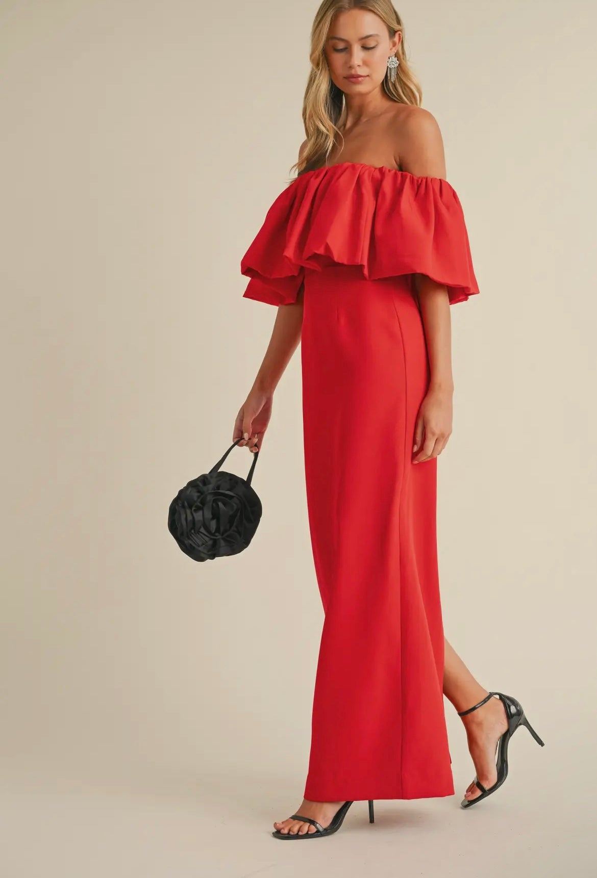 Off-Shoulder Crepe Maxi in Hibiscus