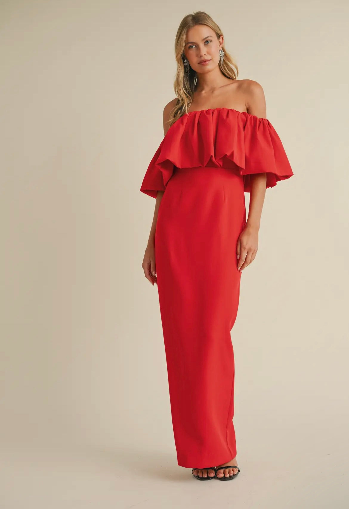 Off-Shoulder Crepe Maxi in Hibiscus