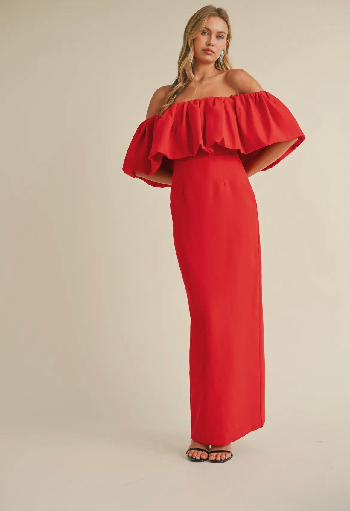 Off-Shoulder Crepe Maxi in Hibiscus