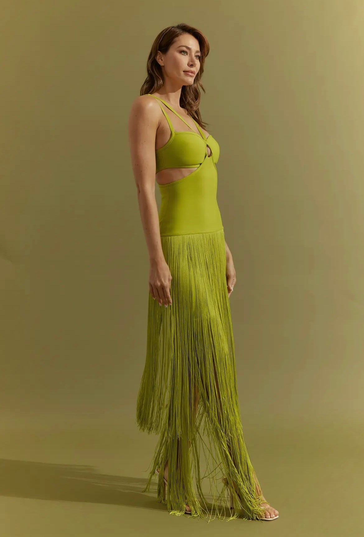 Fringe Cutout Midi Dress in Lime Green