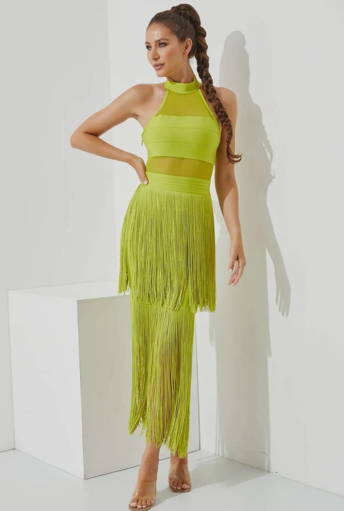 Halter Fringe Midi Dress in Lime Green