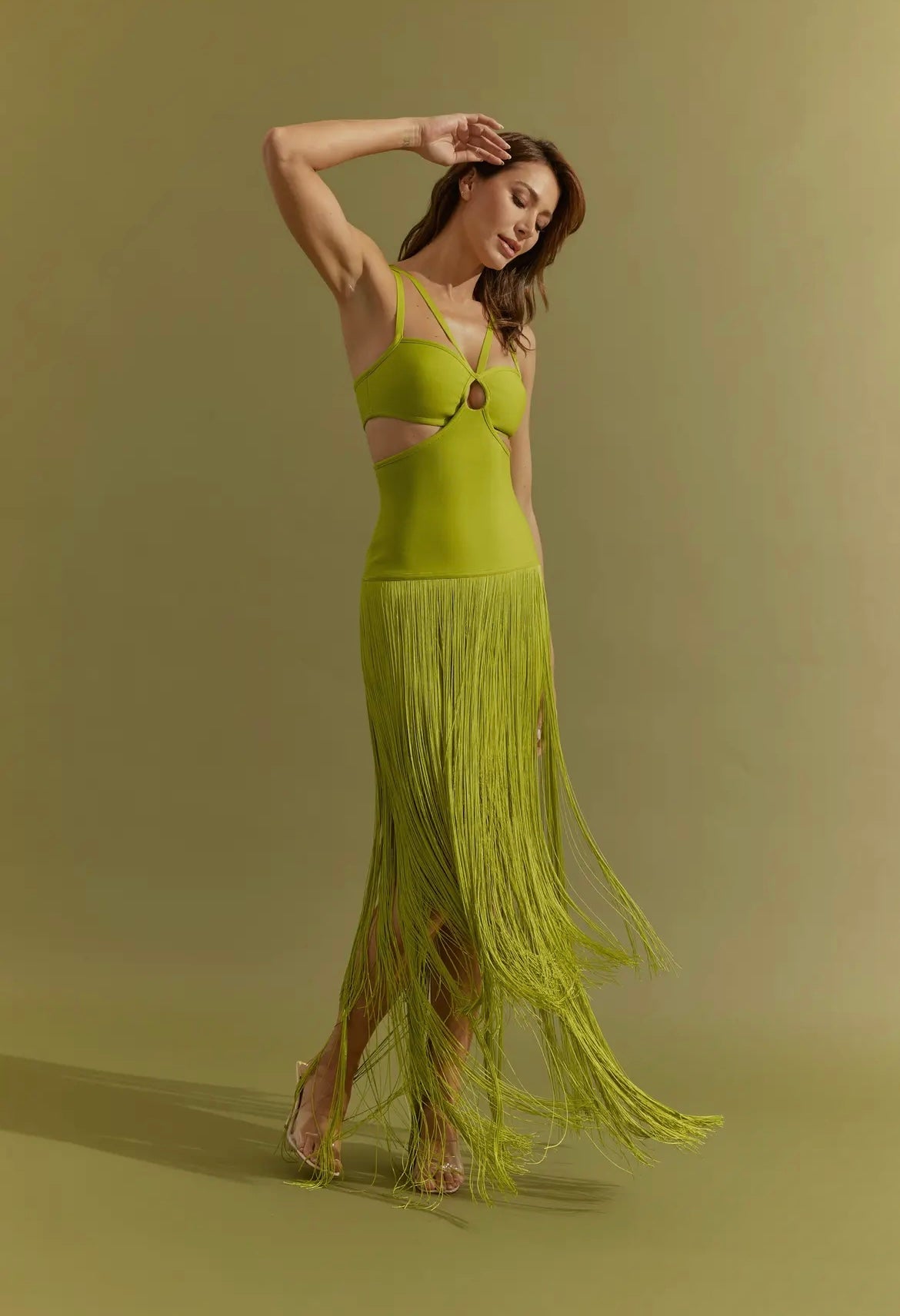 Fringe Cutout Midi Dress in Lime Green