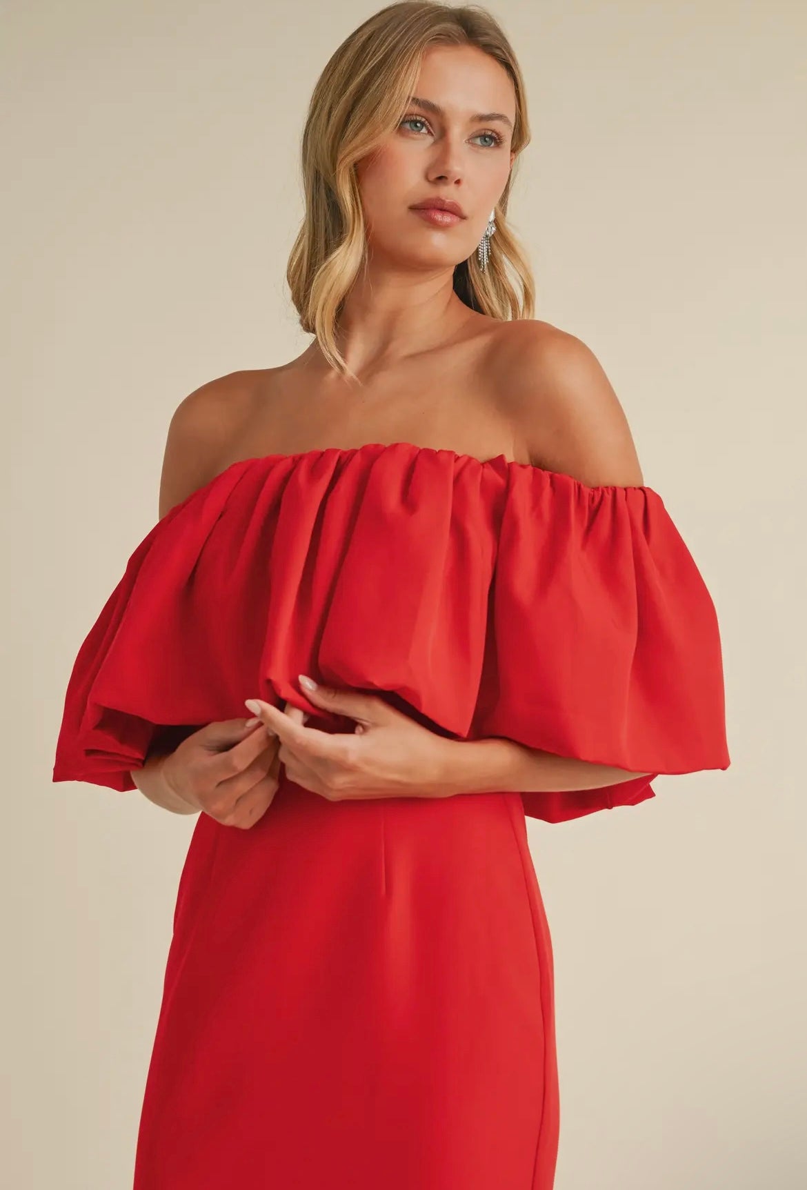 Off-Shoulder Crepe Maxi in Hibiscus