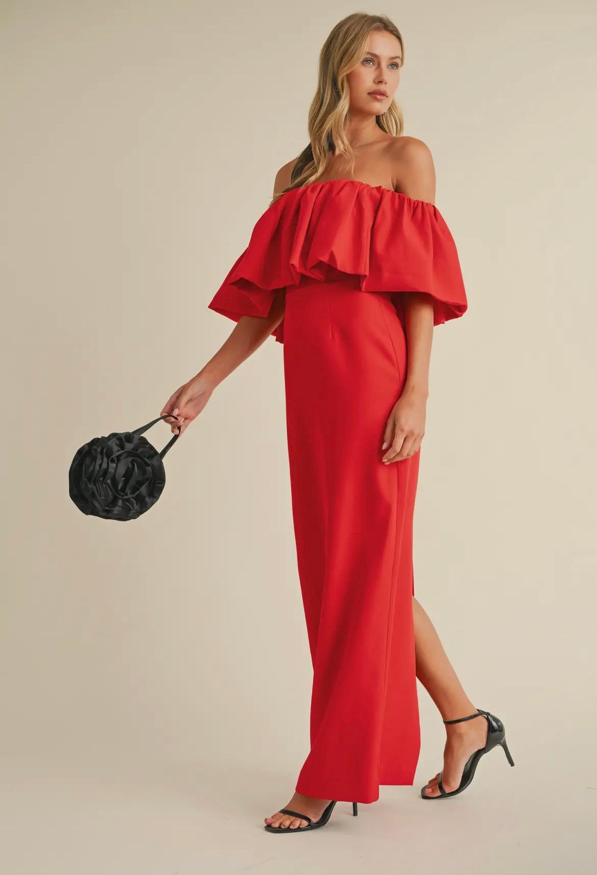 Off-Shoulder Crepe Maxi in Hibiscus
