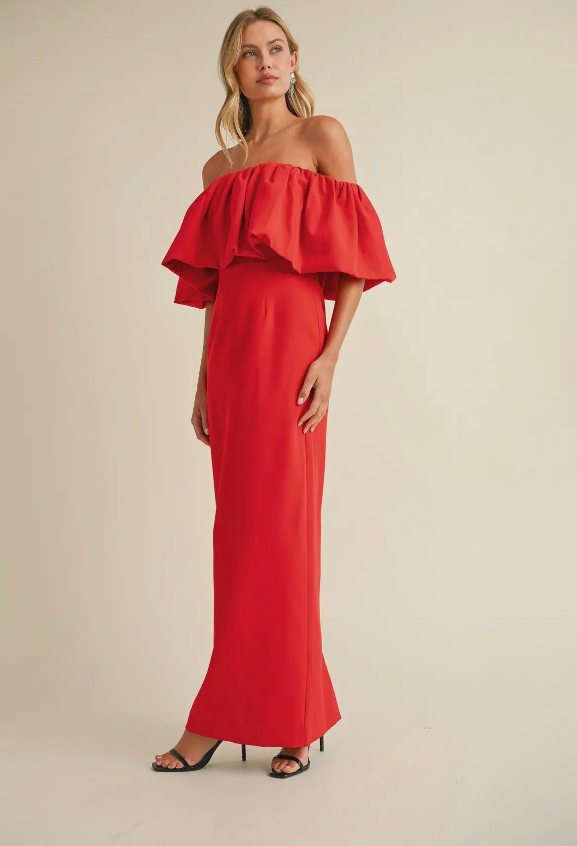 Off-Shoulder Crepe Maxi in Hibiscus