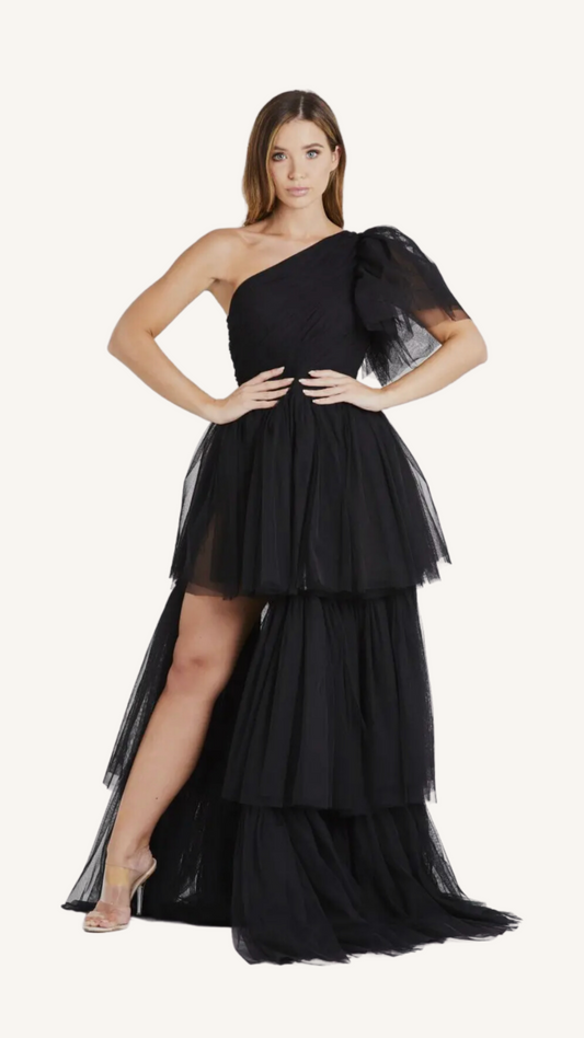 Black Waterfall One Shoulder Dress
