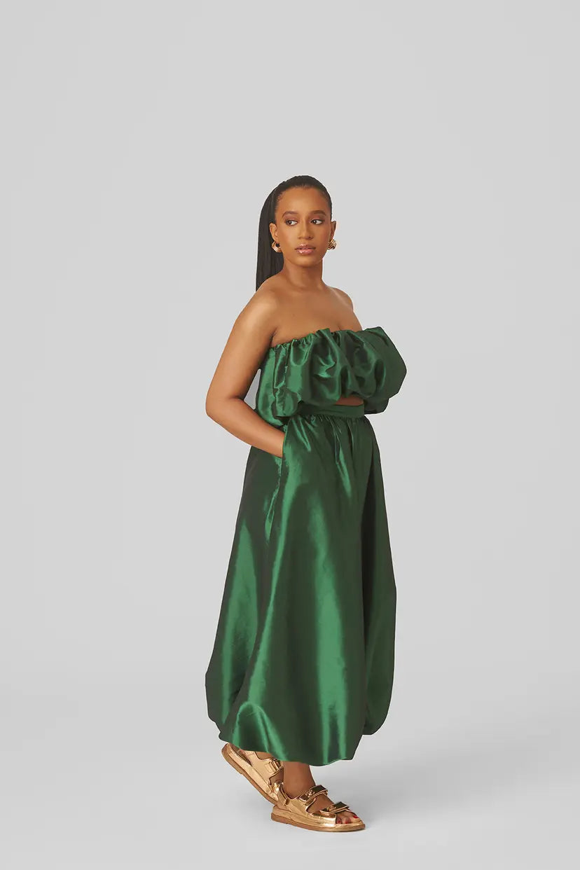 Raw Silk Bubble Top & Pants in Green