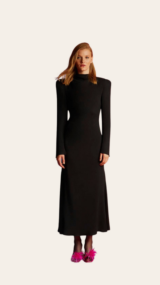 Black Padded Shoulder Draped Maxi Dress