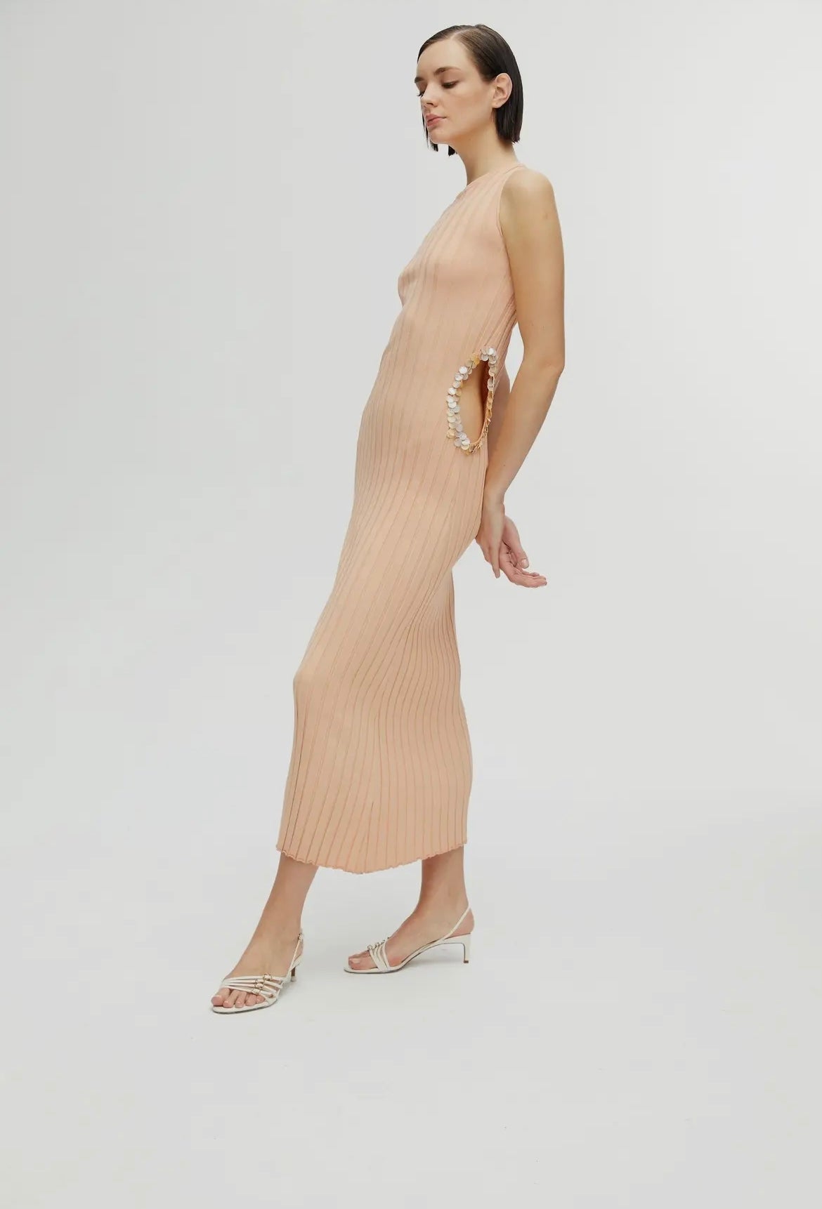 Ribbed Cutout Midi Dress in Coral w| Mother of Pearl Sequins