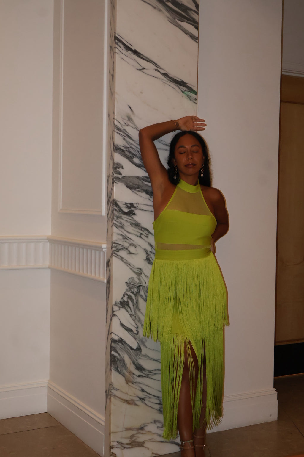 Seaweed Fringe Halter Midi Dress in Lime Green