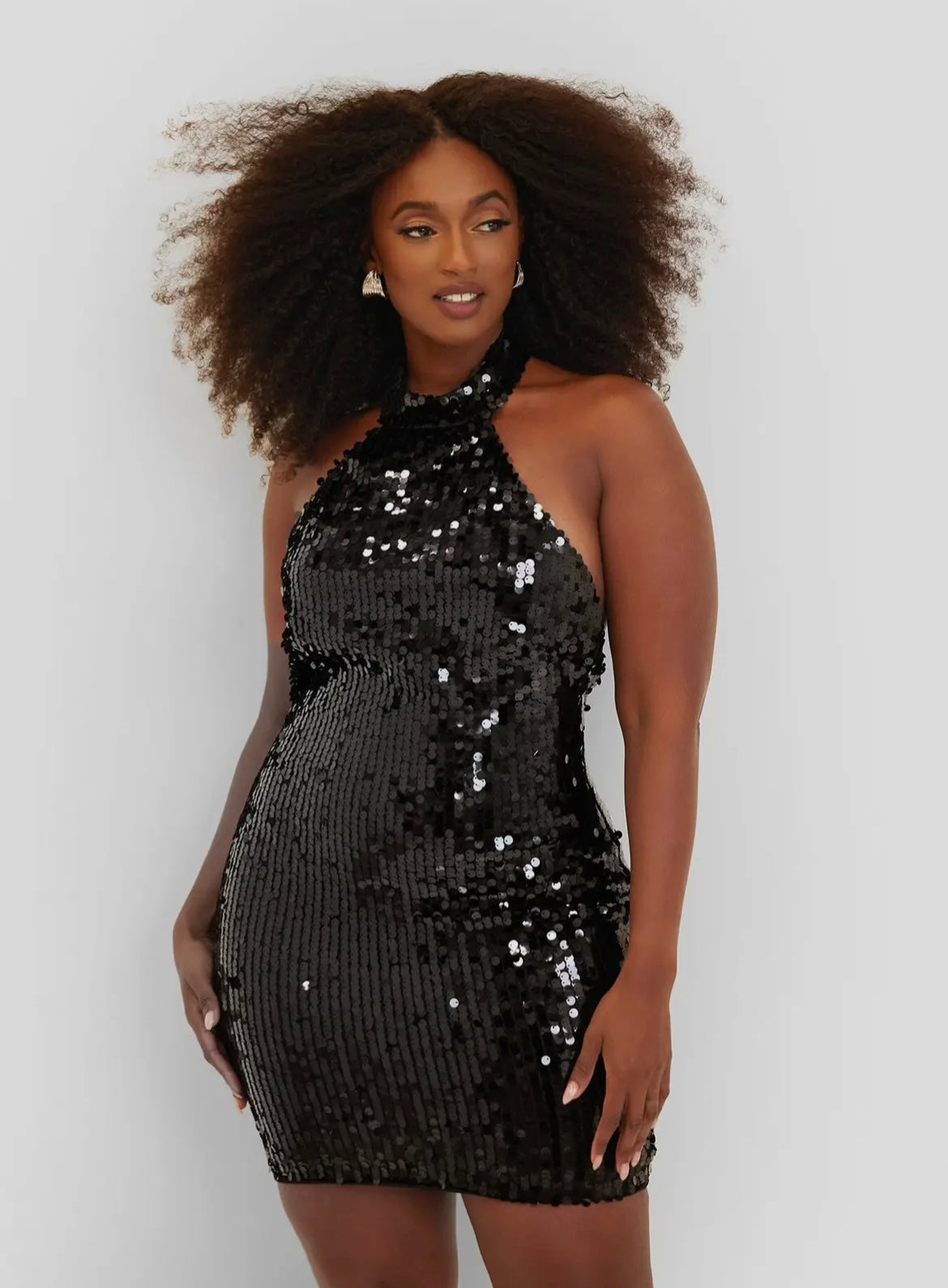 Black Sequin Halter Mini Dress