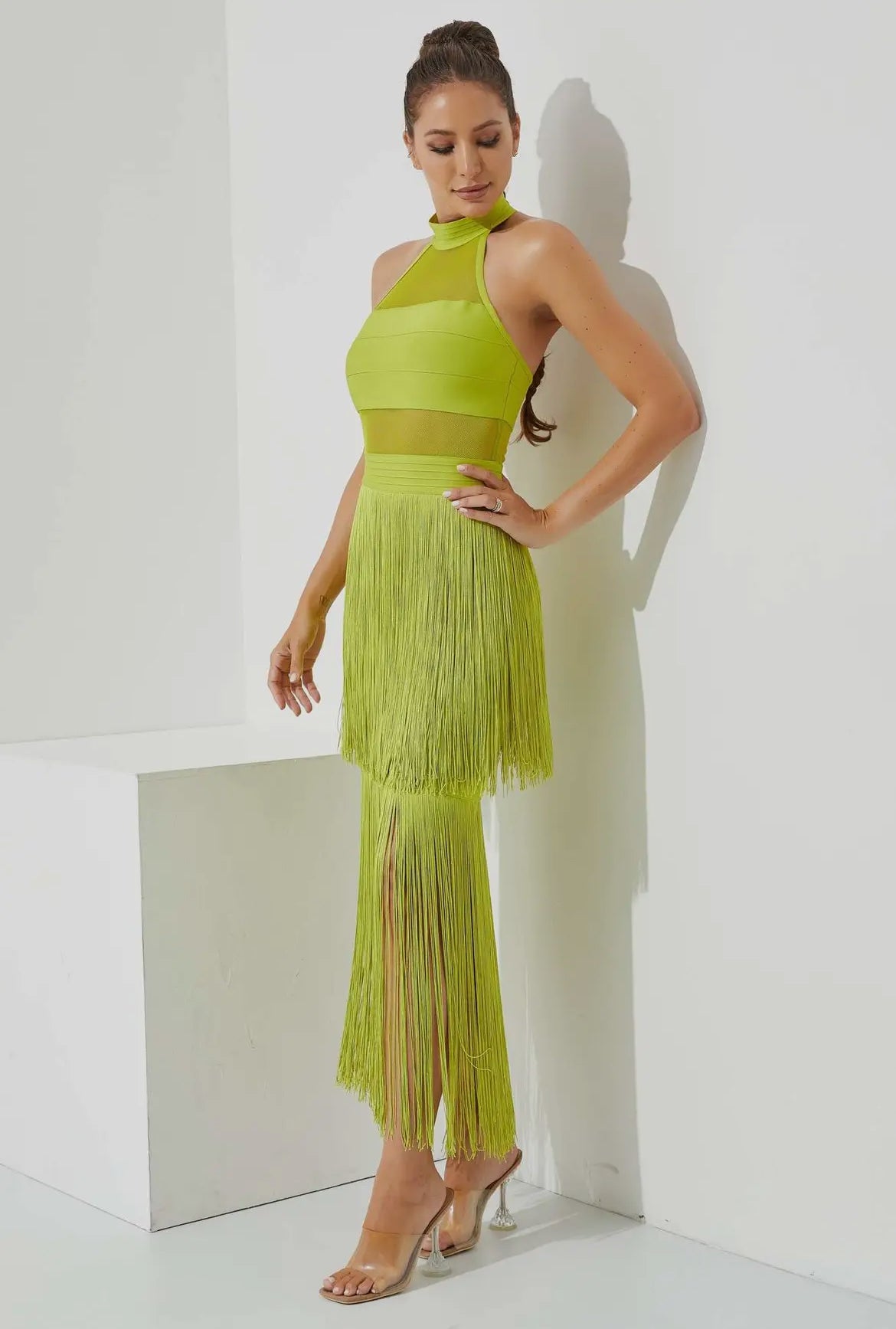 Halter Fringe Midi Dress in Lime Green