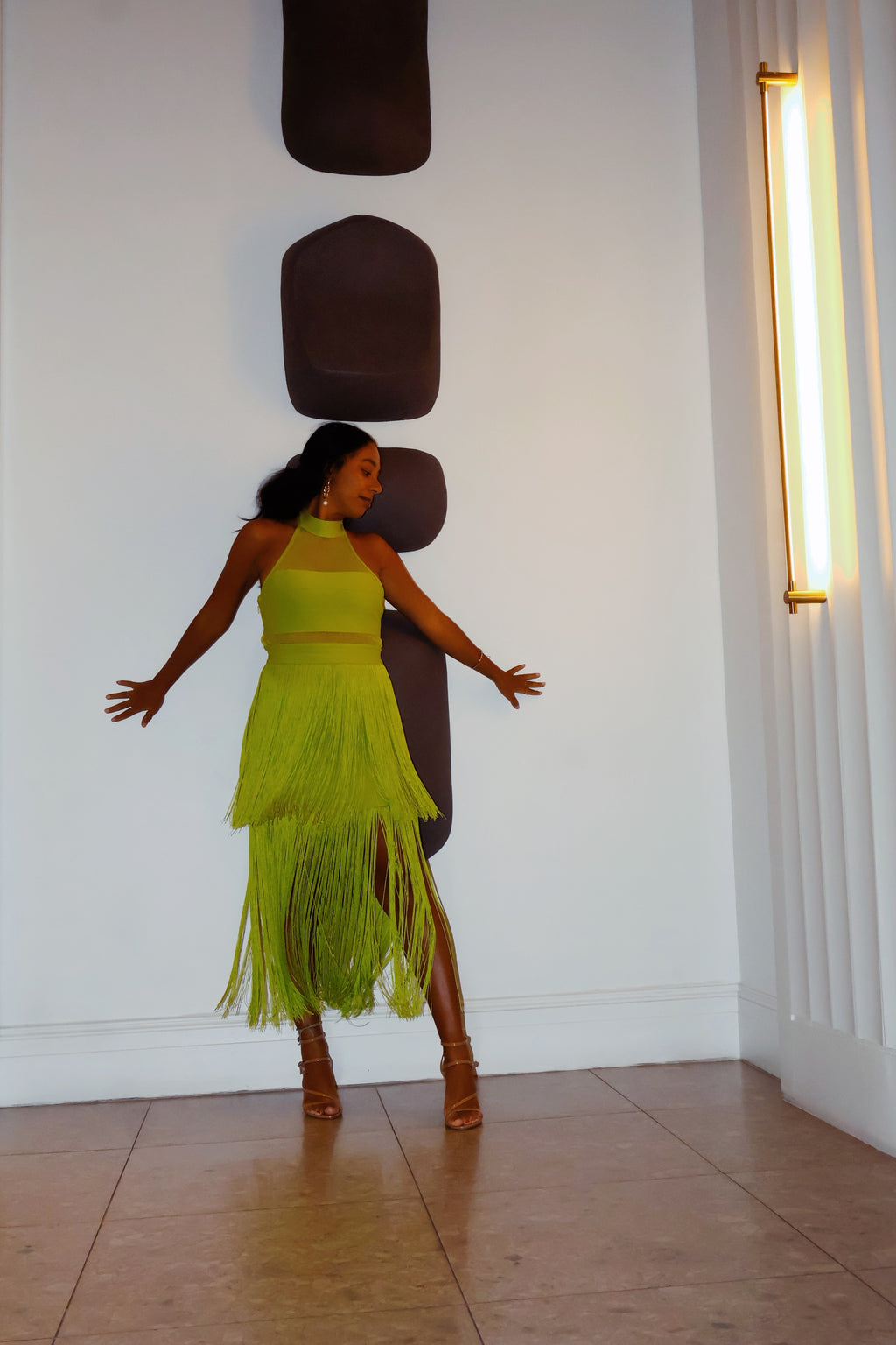 Seaweed Fringe Halter Midi Dress in Lime Green