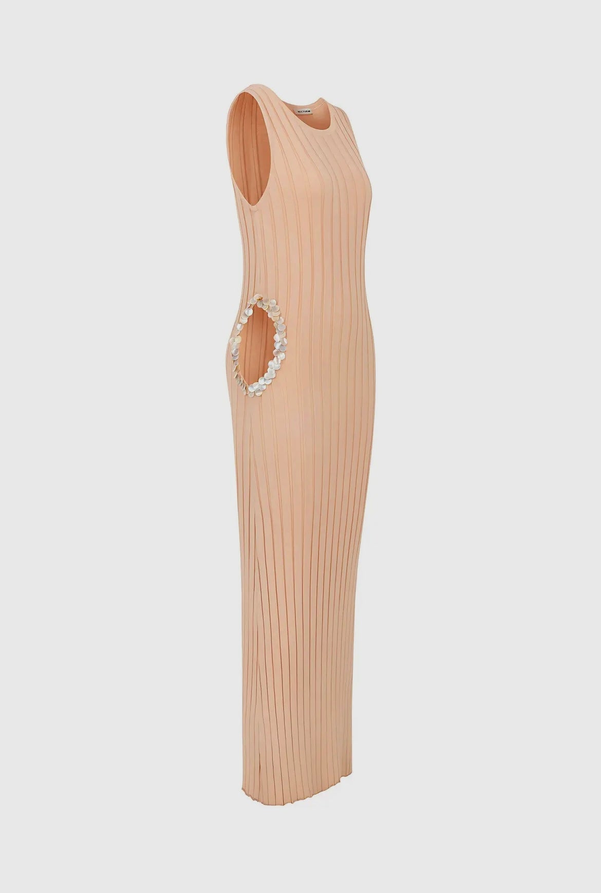Ribbed Cutout Midi Dress in Coral w| Mother of Pearl Sequins