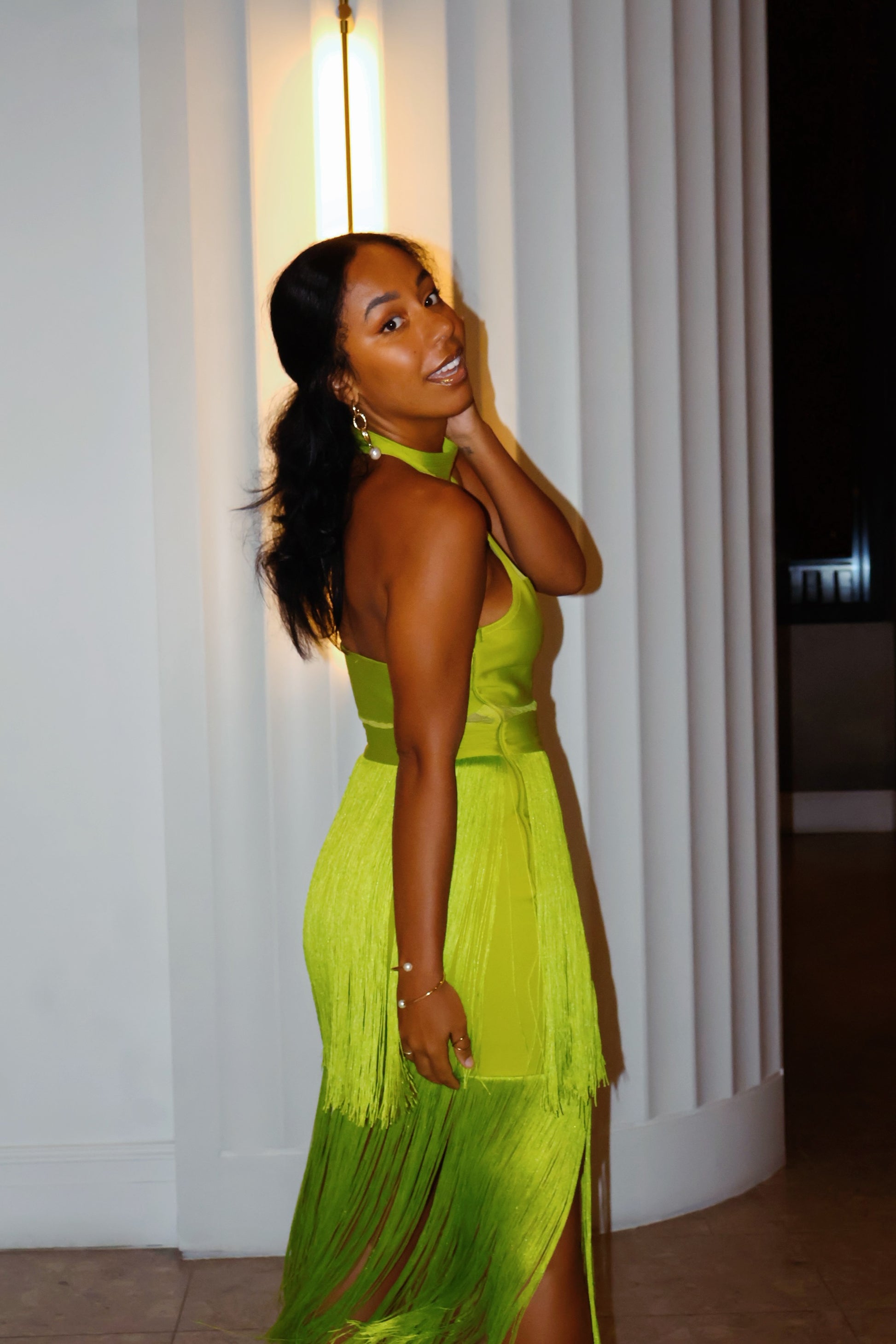 Seaweed Fringe Halter Midi Dress in Lime Green Coconut & Caviar Fashion Seaweed Fringe Halter Midi Dress in Lime Green Coconut & Caviar Fashion