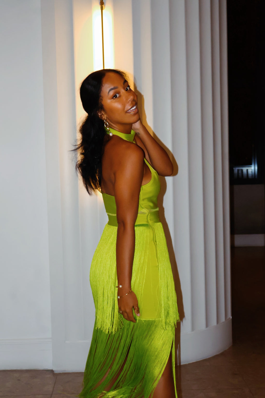Seaweed Fringe Halter Midi Dress in Lime Green