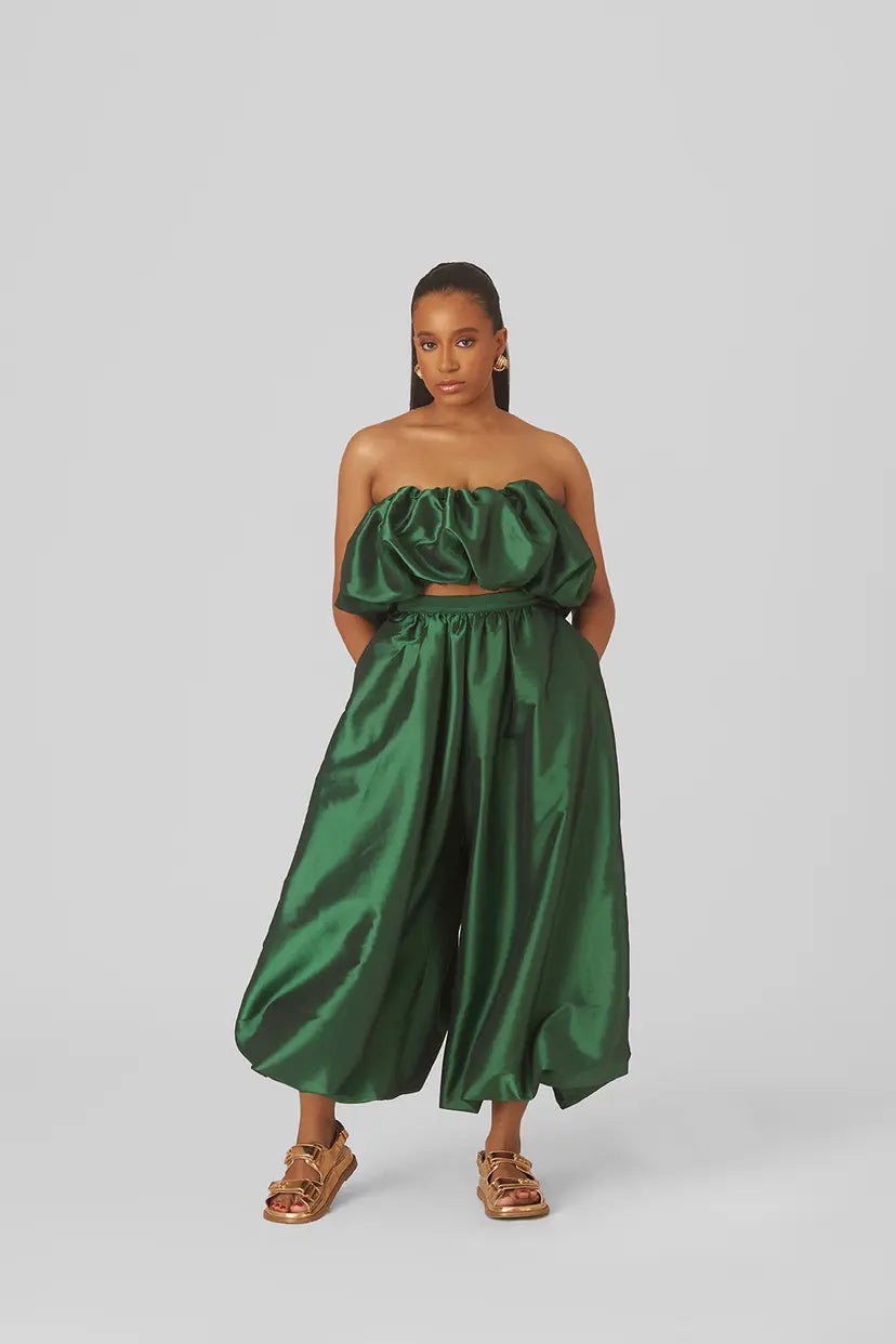 Raw Silk Bubble Top & Pants in Green