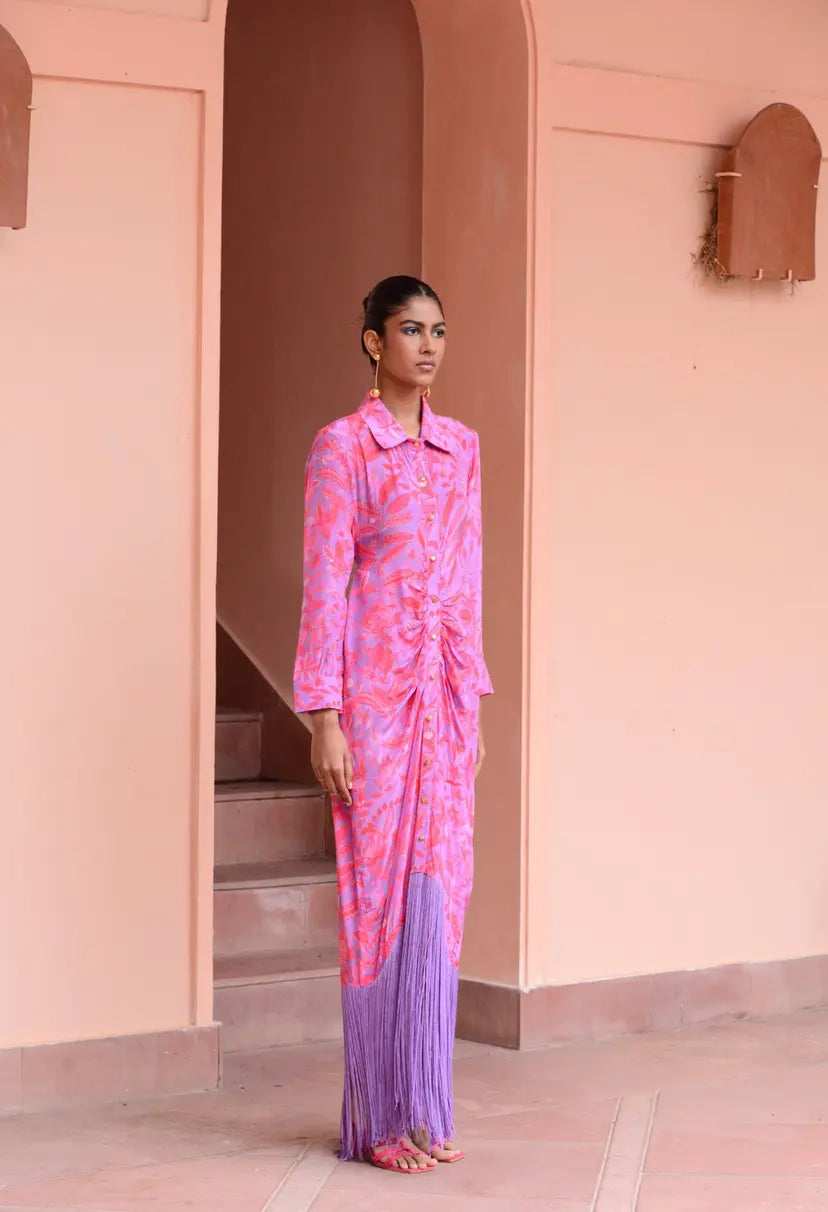 Magenta Shirt Dress with Lilac Fringe