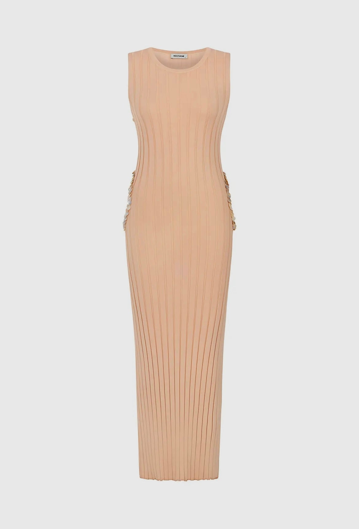 Ribbed Cutout Midi Dress in Coral w| Mother of Pearl Sequins