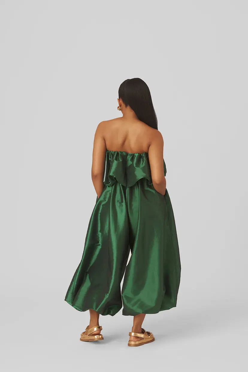 Raw Silk Bubble Top & Pants in Green