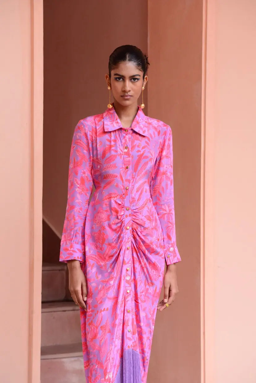 Magenta Shirt Dress with Lilac Fringe