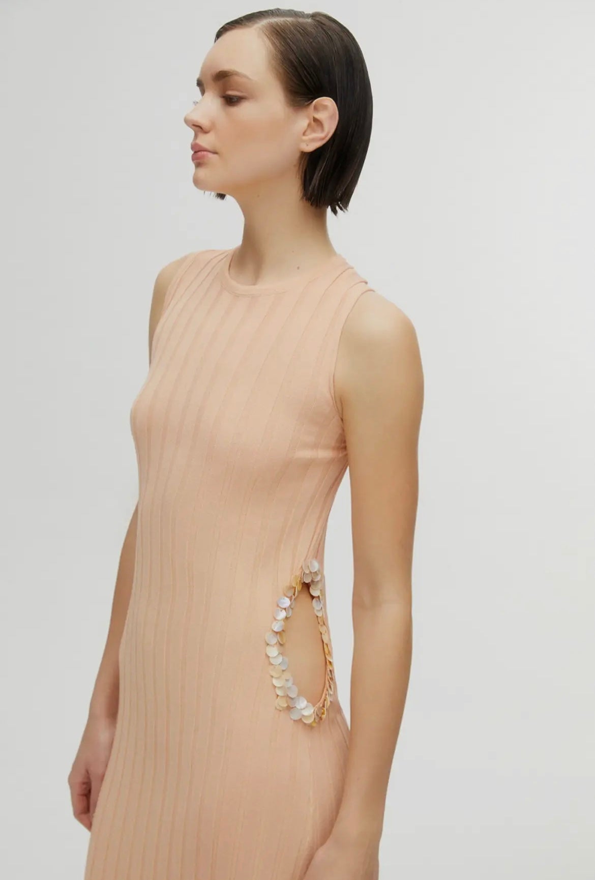 Ribbed Cutout Midi Dress in Coral w| Mother of Pearl Sequins